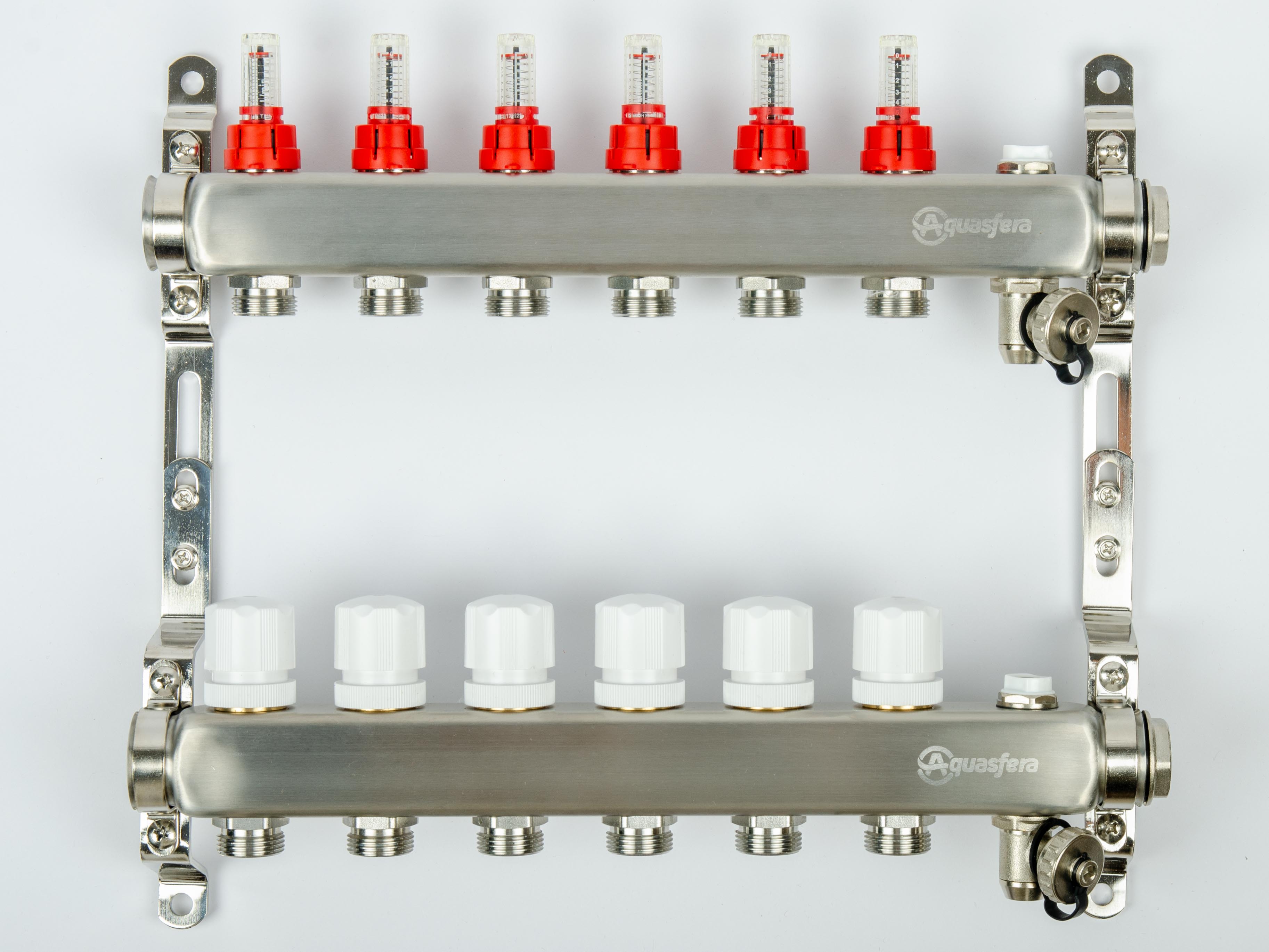 Aquasfera 9501 Коллекторная группа 06 вых. с "маевским" и сливом из нерж. стали (с расходомерами)