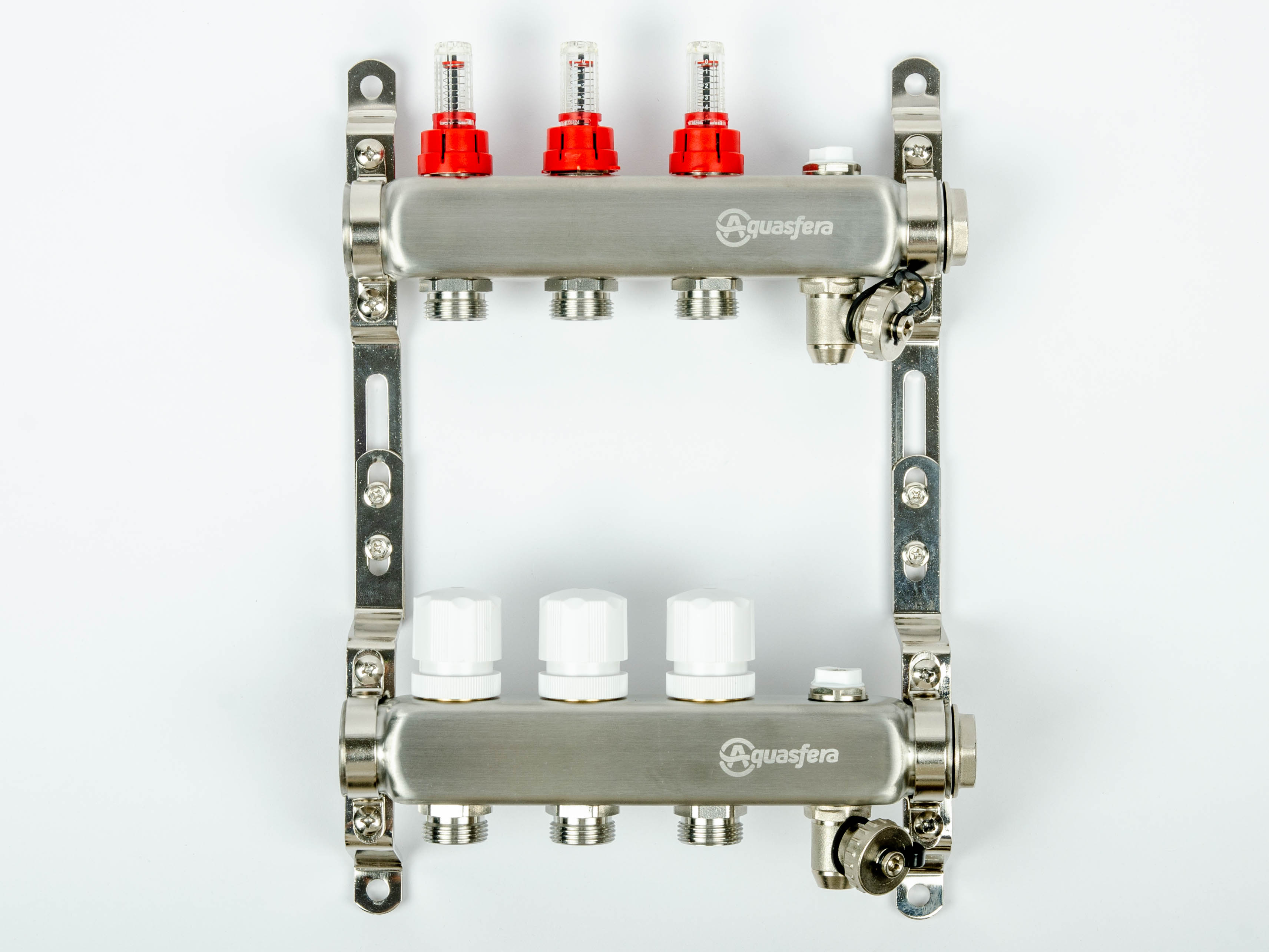 Aquasfera 9501 Коллекторная группа 03 вых. с "маевским" и сливом из нерж. стали (с расходомерами)