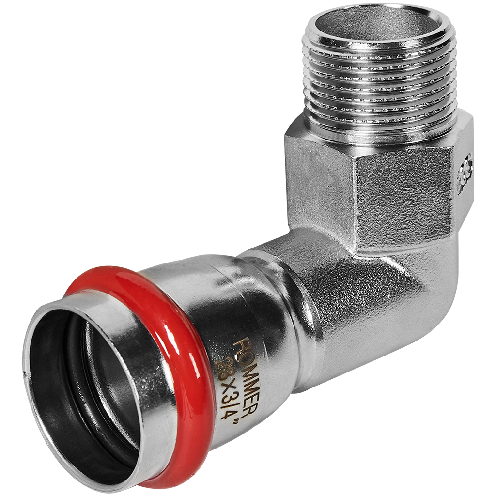 Rommer Угольник-переходник 28х3/4" ВПр-НР из нержавеющей стали (304), кольцо из EPDM