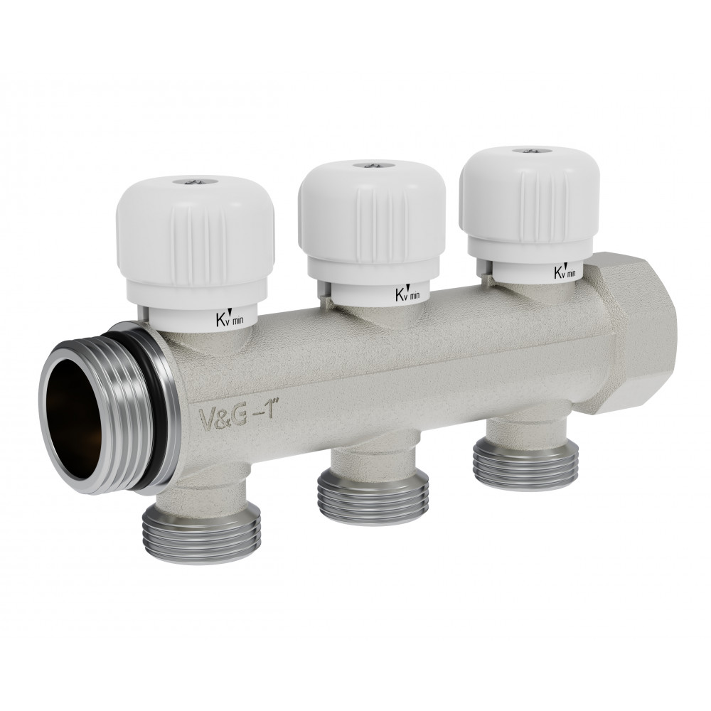 V&G VALOGIN Коллектор распределительный 1", 3 отвода, подключение 3/4" "евроконус"