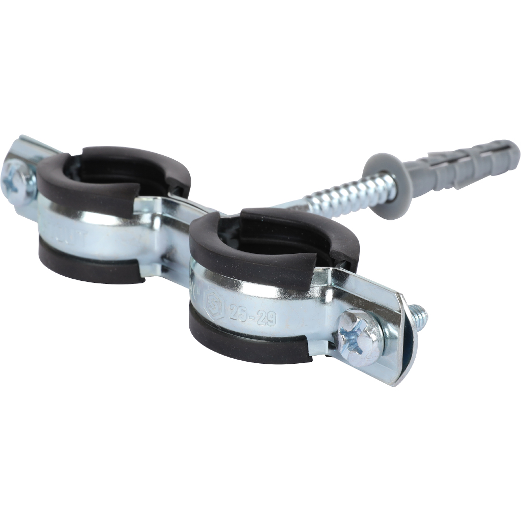 Stout Сдвоенный хомут для труб 3/4"(25-29), комплект: хомут+шпилька шуруп +дюбель пластиковый