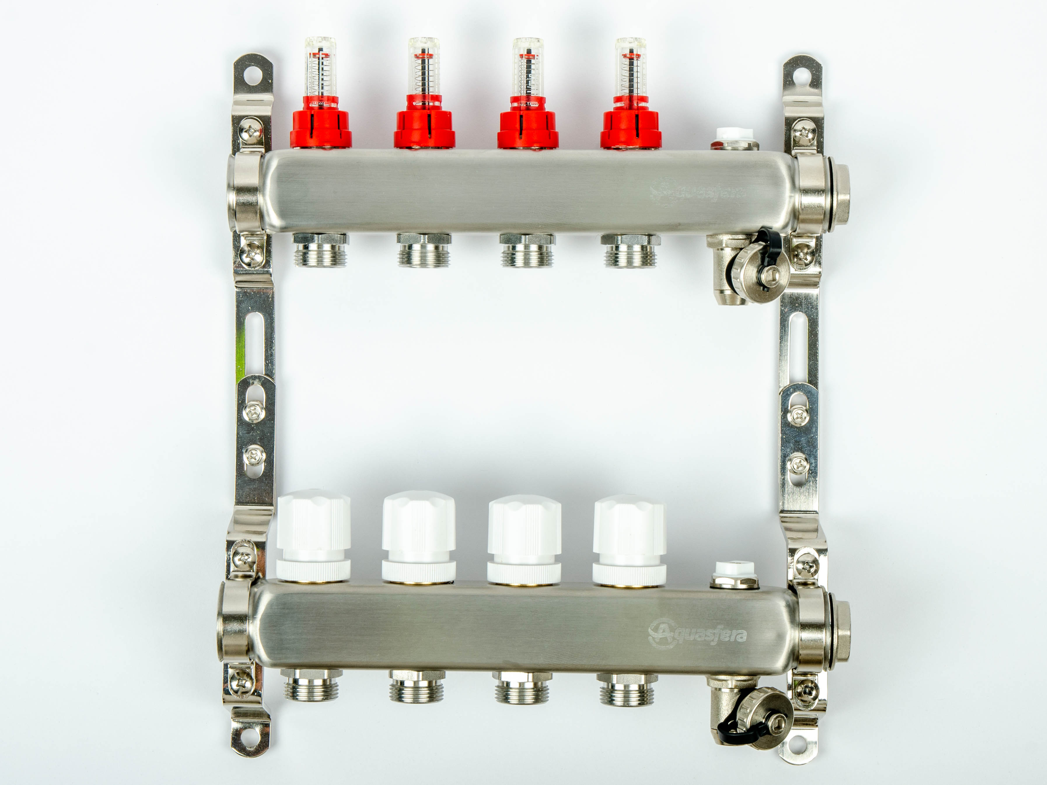 Aquasfera 9501 Коллекторная группа 04 вых. с "маевским" и сливом из нерж. стали (с расходомерами)