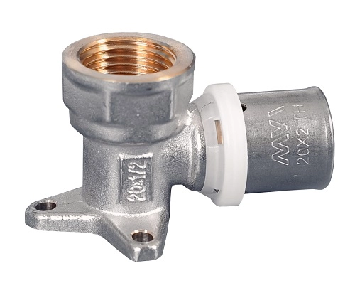 MVI Угольник с креплением (водорозетка) внутренняя резьба 16 х 1/2" для металлопластика под пресс