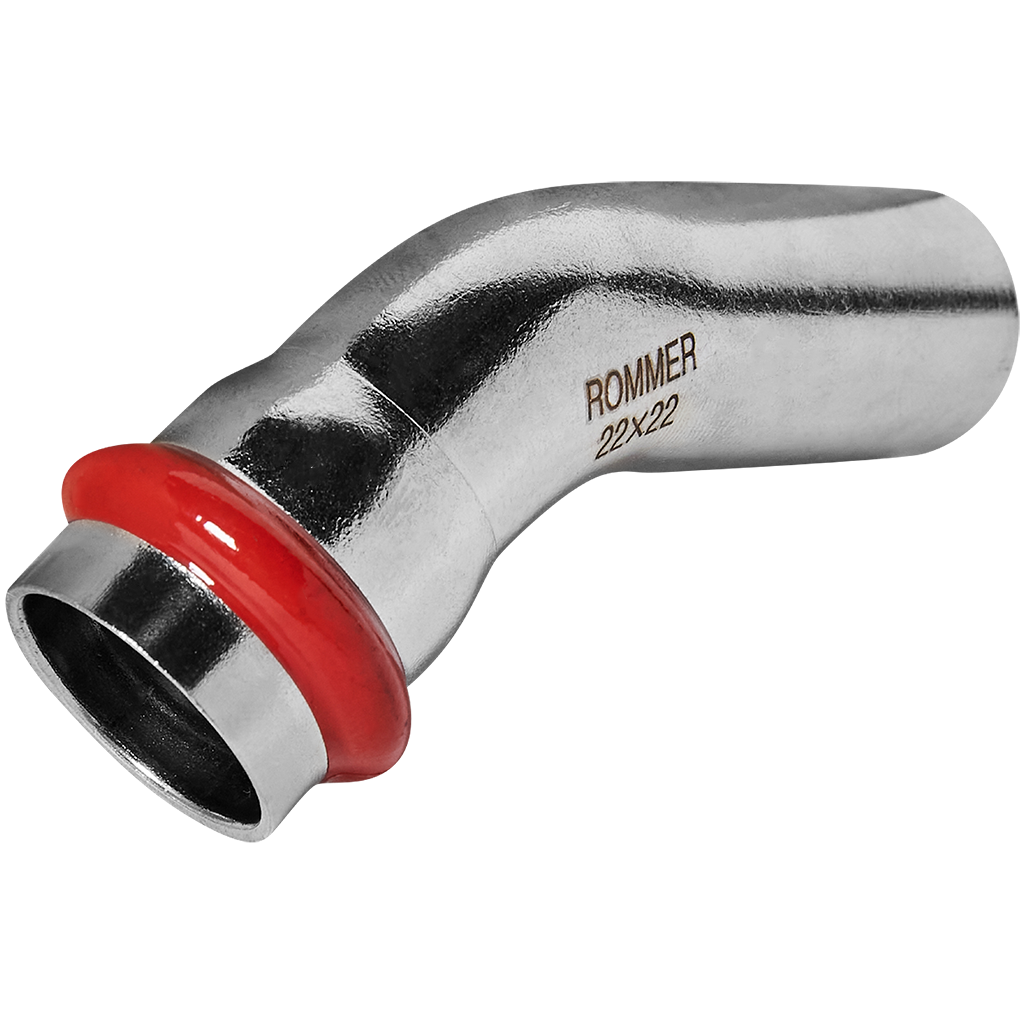 Rommer Угольник однораструбный 45° 22 ВПр-НПр из нержавеющей стали (304), кольцо из EPDM