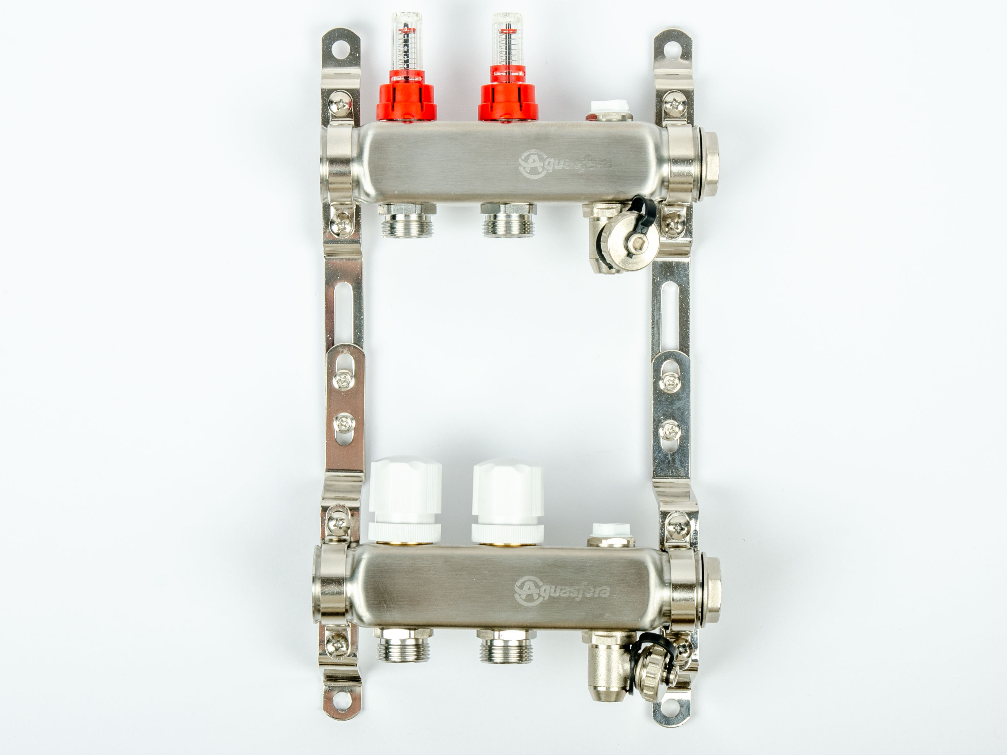 Aquasfera 9501 Коллекторная группа 02 вых. с "маевским" и сливом из нерж. стали (с расходомерами)