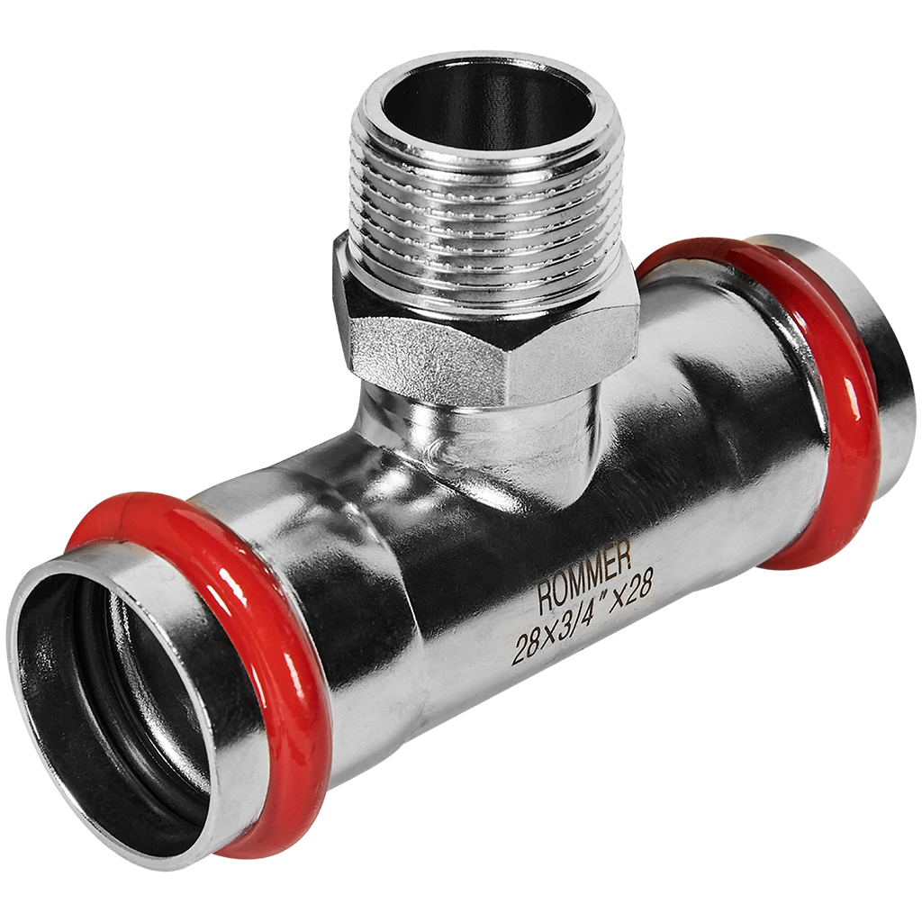 Rommer Тройник-переходник 28х3/4" ВПр-НР из нержавеющей стали (304), кольцо из EPDM